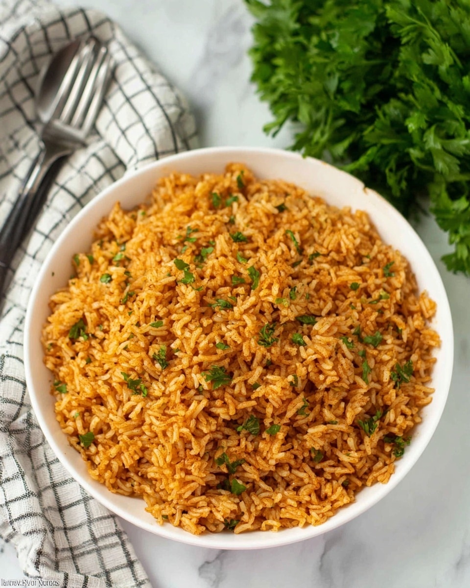 The image shows a large white bowl filled with cooked rice that has a warm orange color, mixed with small green herb pieces scattered throughout. The rice looks fluffy and evenly coated with spices. The bowl sits on a white marbled surface. In the background, there is a green bunch of herbs on the right and a folded checkered cloth with two forks resting on it on the left. The photo has soft lighting that highlights the texture of the rice photo taken with an iphone --ar 4:5 --v 7