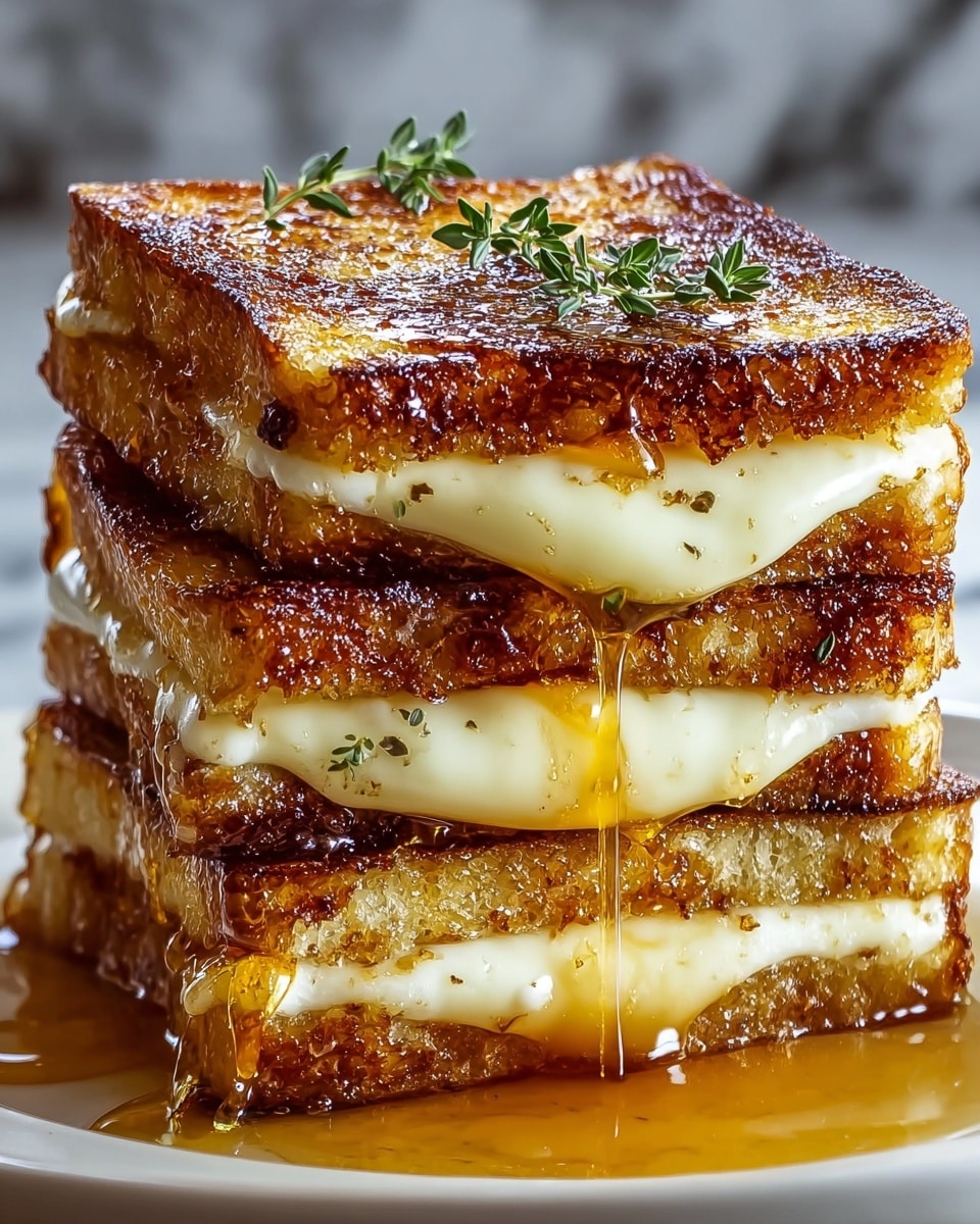 A close-up view of a stack of four grilled cheese sandwiches, each sandwich showing a golden-brown, crisp outer toast layer with a slightly darker charred texture. Between each toast layer, there is a thick, creamy white melted cheese layer that oozes slightly at the edges. Glossy golden syrup is dripping down the sides of the stack, pooling at the bottom on a white plate. The top sandwich is garnished with two small sprigs of green thyme. The background features a white marbled texture. Photo taken with an iphone --ar 4:5 --v 7