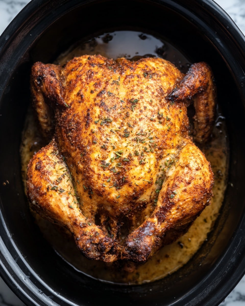 A whole roasted chicken with a dark brown, crispy skin covered in a spice rub is placed inside a black slow cooker pot. The chicken lies flat with its wings and legs spread slightly outward. The skin has a golden-brown color with small green herb pieces sprinkled on top. At the base, there is a small pool of juicy broth with a reddish-brown tint. The black pot contrasts with the rich tones of the chicken, all set on a white marbled texture background. photo taken with an iphone --ar 4:5 --v 7