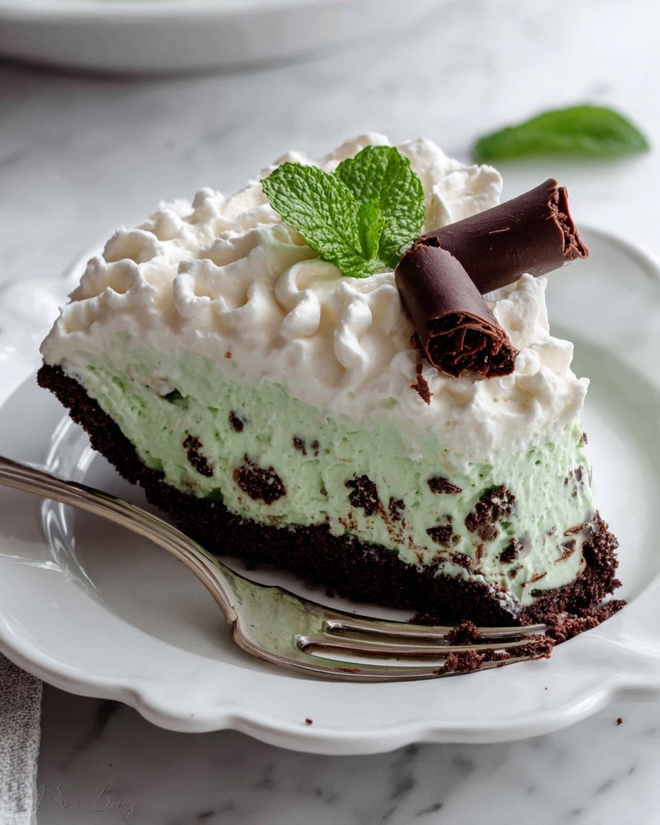 A slice of layered dessert sits on a white plate with a scalloped edge, placed on a white marbled surface. The bottom layer is dark chocolate, smooth and firm, topped by a thick layer of light green mint cream filled with tiny dark chocolate bits. On top of this, there is a swirl of white whipped cream covering most of the slice. A dark chocolate curl decoration rests on the green mint layer near the front, and a fresh green mint leaf is placed on the whipped cream near the back. A fork with a bit of the dessert clinging to its tines rests on the edge of the plate. Photo taken with an iphone --ar 4:5 --v 7