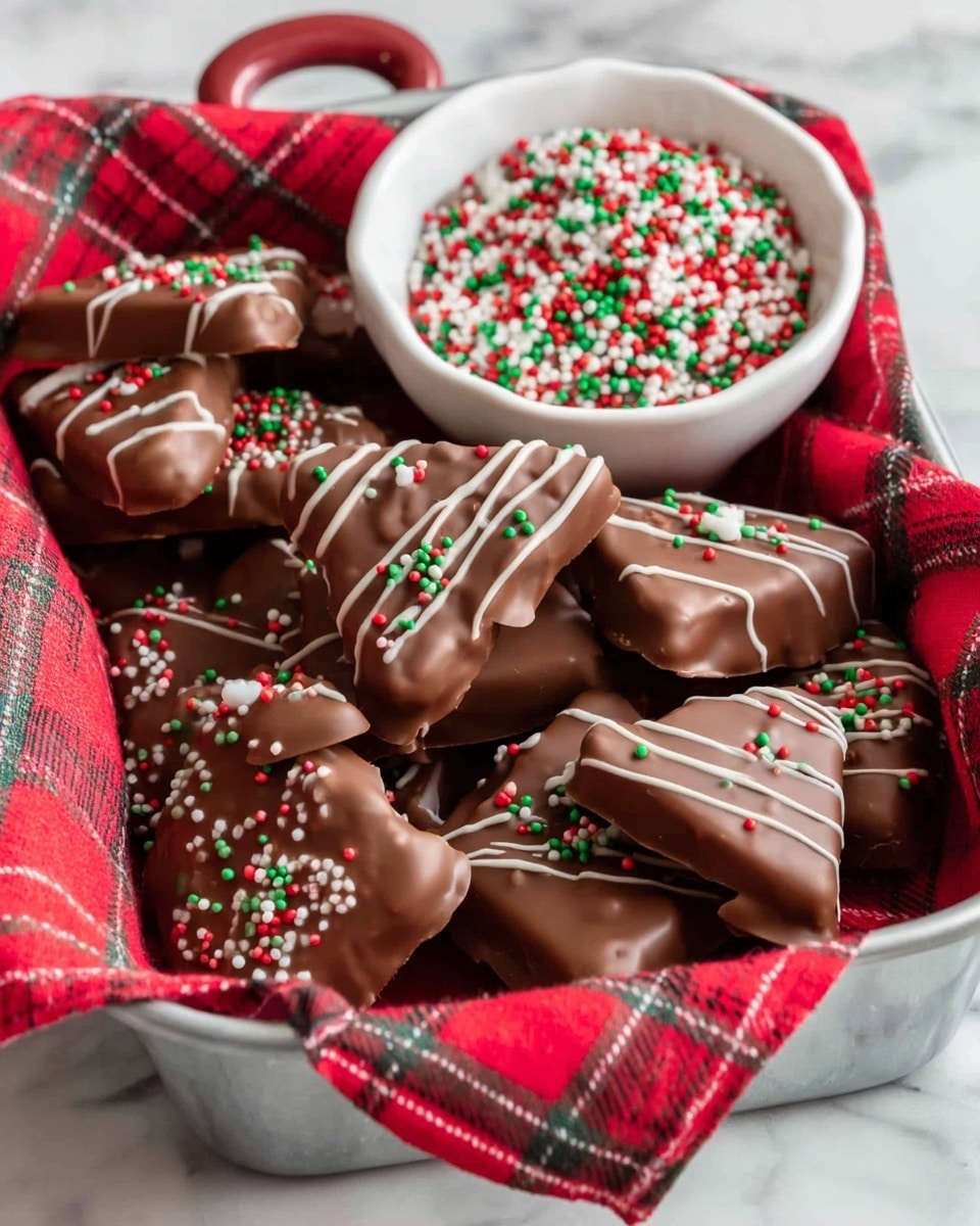 A metal pan lined with a red and green plaid cloth holds several chocolate-coated triangular treats. Each piece is fully covered in smooth milk chocolate, with some decorated by thin white chocolate drizzles forming soft lines across the top. Small red, green, and white round sprinkles are scattered over many of the treats. A white bowl filled with the same colored sprinkles sits on the side inside the pan. The scene is set on a white marbled surface. photo taken with an iphone --ar 4:5 --v 7