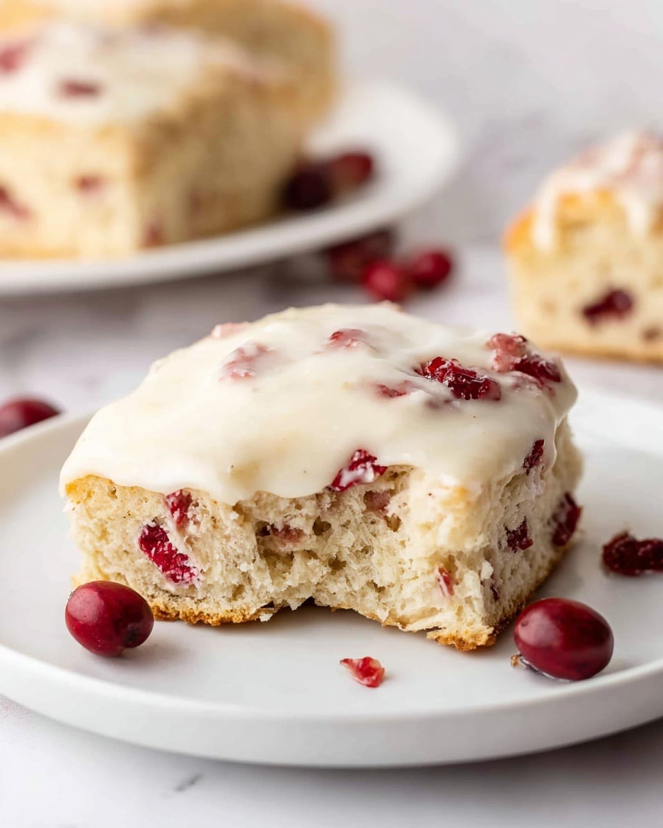 The image shows a square piece of soft scone with bits of red cranberries inside and a creamy white icing spread thickly on the top layer. The scone has a light golden-brown crust on the sides and a crumbly, dense texture inside with visible red cranberry pieces scattered throughout. A small bite is taken from the front, showing the fluffy inside. The scone rests on a plain white plate, set on a white marbled surface, with a few cranberries scattered around. In the background, there are two more scones slightly blurred. photo taken with an iphone --ar 4:5 --v 7