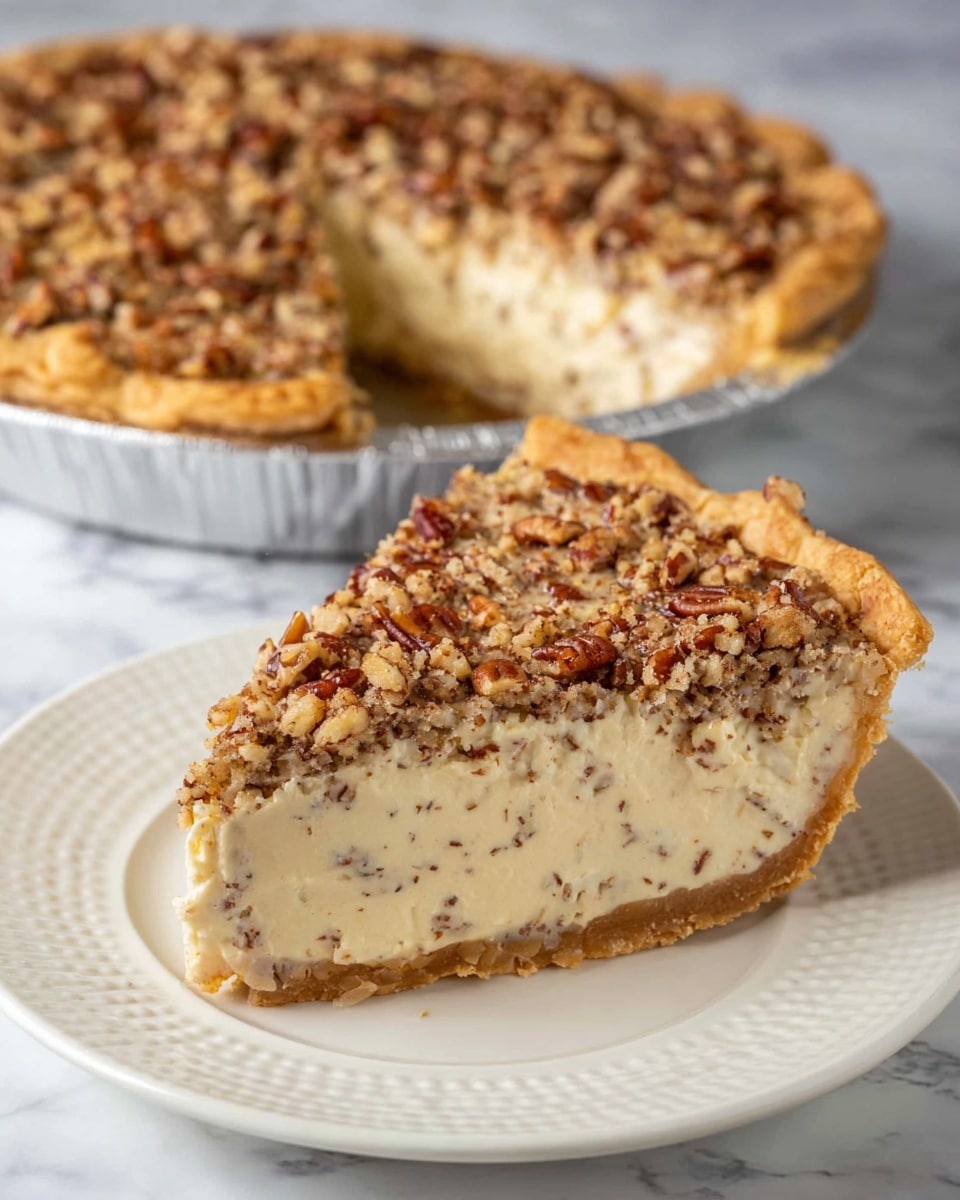 A slice of pecan cream pie sits on a white plate with a textured edge, showing three layers: a golden brown crust at the bottom, a thick, creamy beige filling speckled with small bits of pecans in the middle, and a topping of coarsely chopped pecans covering the top layer, giving it a crunchy texture. In the background, the full pie in a metal pie pan shows the same layers with a large missing slice, all set on a white marbled texture surface. photo taken with an iphone --ar 4:5 --v 7