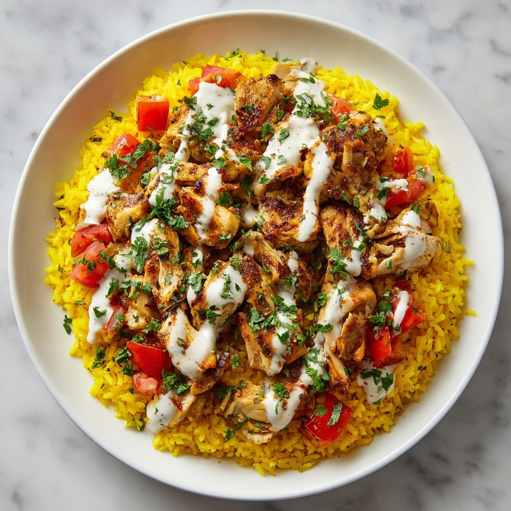 A white plate filled with a base layer of bright yellow rice that looks fluffy and spread evenly across the plate. On top of the rice is a generous layer of cooked chicken pieces, which are golden brown with some darker spices giving a textured look. Over the chicken, there is a drizzle of white sauce with green herbs visible inside it, creating a creamy texture. Small chunks of red tomatoes are placed on top in two spots, adding a pop of color. Green chopped herbs are sprinkled lightly over the whole dish, adding freshness. The plate sits on a white marbled surface. photo taken with an iphone --ar 4:5 --v 7