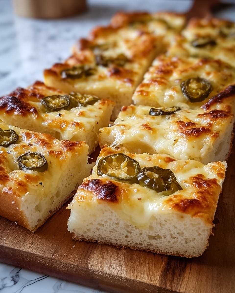 This image shows a rectangular thick pizza cut into eight square slices arranged in two rows. The pizza has a golden-brown thick crust with a bumpy texture. The top layer is melted, bubbly cheese with brown spots from baking, spread evenly across the pizza. Scattered on the cheese are pieces of green jalapeño peppers, each slice having at least one. The pizza sits on a wooden board with a white marbled texture background slightly visible. photo taken with an iphone --ar 4:5 --v 7
