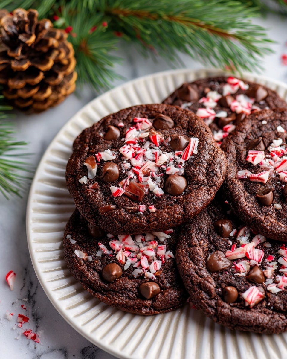 The image shows four thick, rich dark brown chocolate cookies topped with small chunks of red and white crushed candy canes and scattered milk chocolate chips, arranged close together on a white plate with ridged edges. The cookies have a slightly rough texture and look soft and chewy. In the top left corner, there is a pine cone and some green pine needles, adding a natural holiday touch. The background is a white marbled texture. photo taken with an iphone --ar 4:5 --v 7