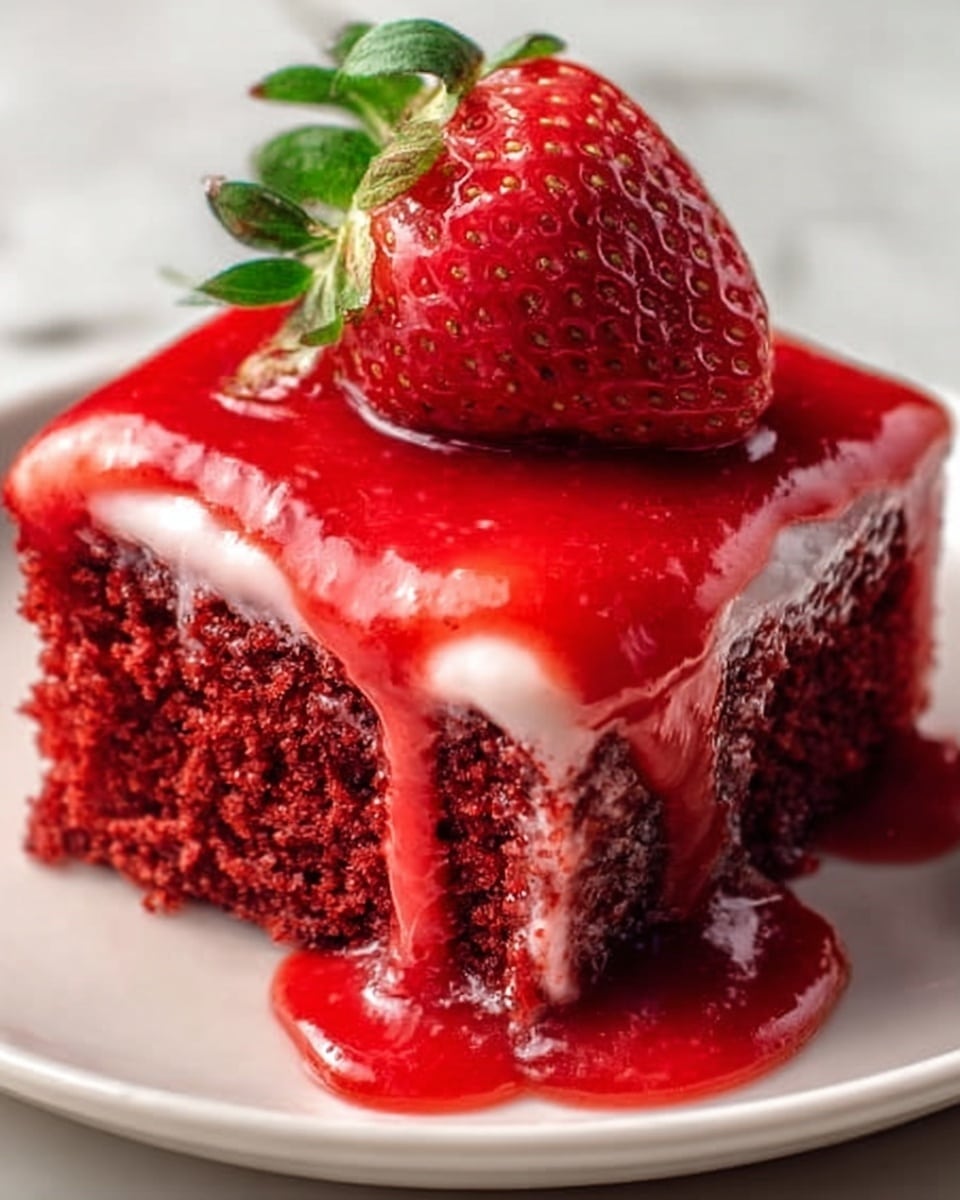 A close-up image of a single square slice of red velvet cake placed on a white plate, set on a white marbled surface. The cake has two visible layers with a dark red crumb texture, and between the layers and on top is a thick, smooth pink glaze that drips over the sides. On top of the cake sits a whole, ripe strawberry, and a sliced strawberry is placed near the base, slightly to the right side. The lighting highlights the moist texture of the cake and the glossy shine of the glaze. Photo taken with an iphone --ar 4:5 --v 7