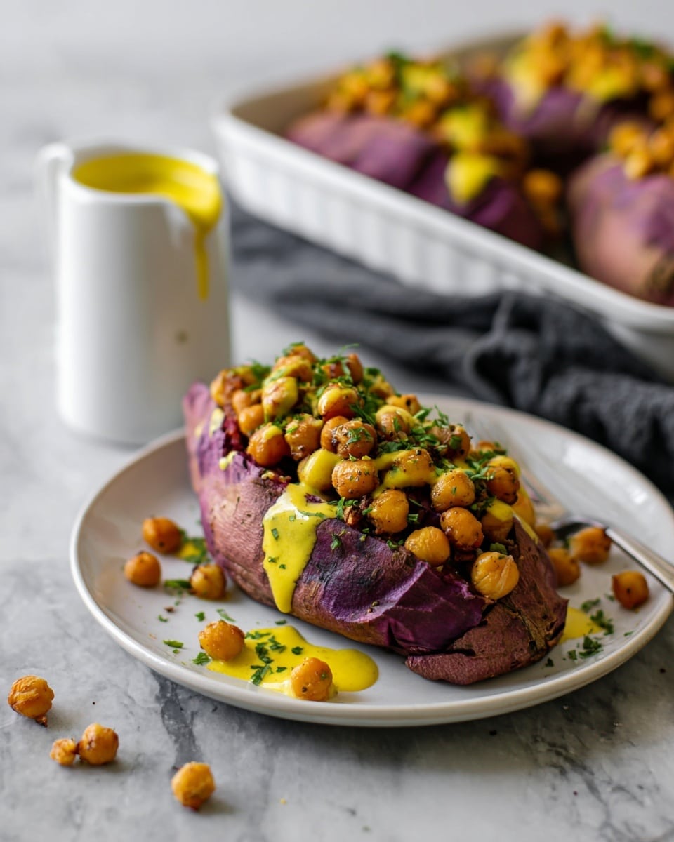 The image shows three baked purple sweet potatoes placed in a white rectangular baking dish, each cut open and filled with golden roasted chickpeas that have a slightly crispy texture. The sweet potatoes have a deep purple flesh inside, contrasting with their darker, cracked outer skin. A light green herb, probably parsley or cilantro, is sprinkled on top of the chickpeas for a fresh touch. Drizzled over everything is a creamy yellow sauce that adds a smooth texture and vibrant color contrast. In the background, a white ceramic jug filled with more yellow sauce is visible, along with a black skillet containing more roasted chickpeas on a white marbled surface. The setup sits on a black and white striped cloth partially under the dish. photo taken with an iphone --ar 4:5 --v 7