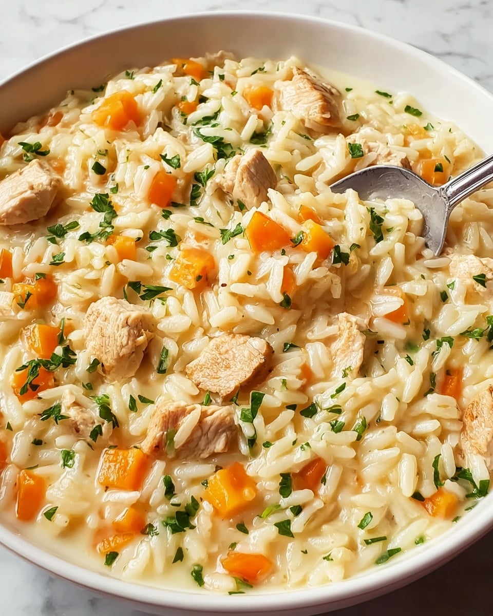 A close-up view of a creamy orzo dish served in a white bowl resting on a white marbled surface. The dish has several layers including small orzo pasta in a pale yellow, creamy sauce as the base, soft orange carrot cubes scattered throughout, and browned grilled chicken pieces on top adding texture and color. Fresh green parsley leaves are sprinkled across the dish, giving it a touch of bright contrast. A metal spoon is partially inserted into the bowl on the right side. Photo taken with an iphone --ar 4:5 --v 7