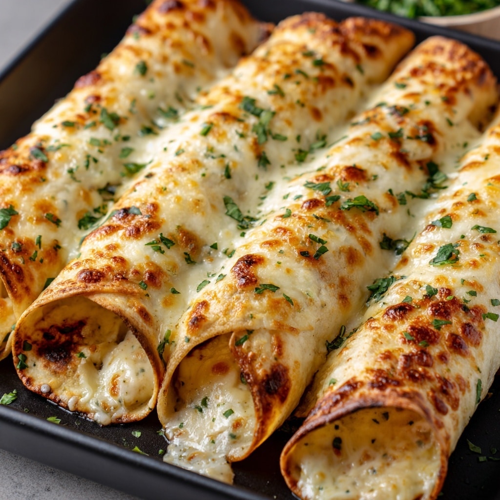 Four rolled tortillas with a light golden-brown toasted texture and spots, each filled with a creamy white cheese mixture visible at the open ends, topped with melted yellow and white cheese and sprinkled with small pieces of green herbs. The tortillas lay side by side on a white plate with a subtle texture, placed on a white marbled surface. In the background, there is a small white bowl with a light green sauce, slightly out of focus. photo taken with an iphone --ar 4:5 --v 7