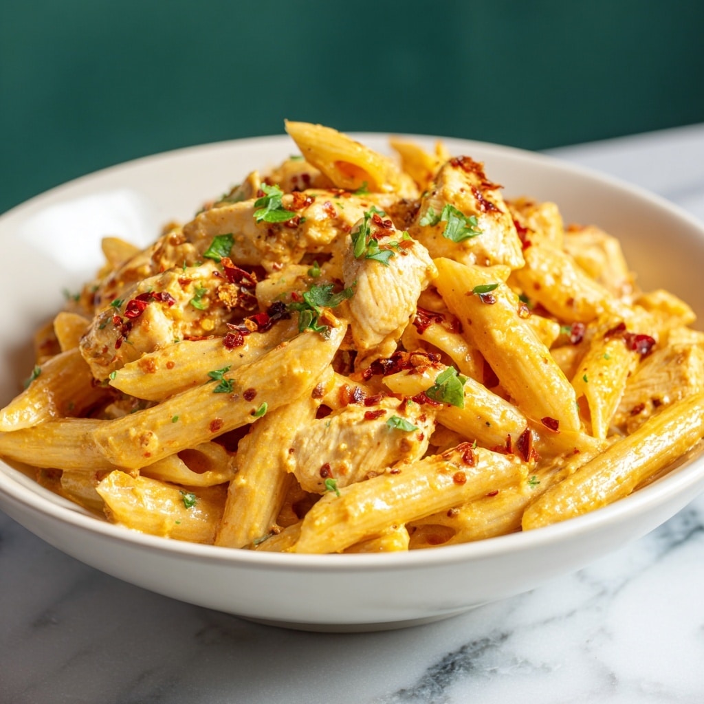 A white bowl filled with creamy pasta, showing about two layers of penne pasta coated in a rich, slightly orange sauce with visible red chili flakes and small green herb pieces scattered on top and throughout. The pasta looks soft and glossy, with chunks of white chicken mixed evenly. Some finely chopped green herbs, likely parsley, are placed on top as garnish. The bowl sits on a white marbled surface with a blurred green background. Photo taken with an iphone --ar 4:5 --v 7