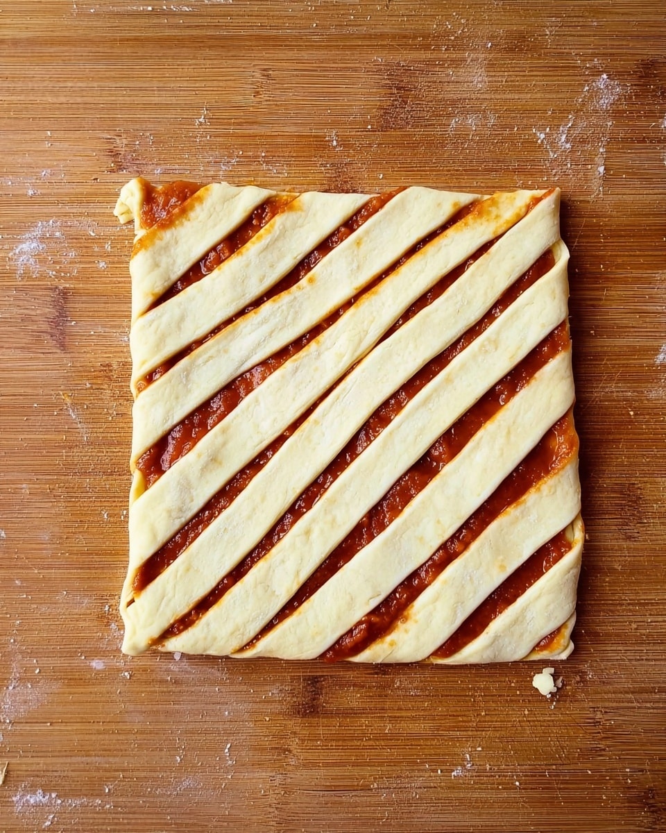 A square piece of dough with a layer of red sauce underneath is placed on a wooden board. The dough is cut into long strips on the top part, with two diagonal slits creating a braided appearance. The bottom part of the dough remains solid with the sauce slightly visible at the edges. The wooden board has a natural grain texture and there are small crumbs scattered around. photo taken with an iphone --ar 4:5 --v 7