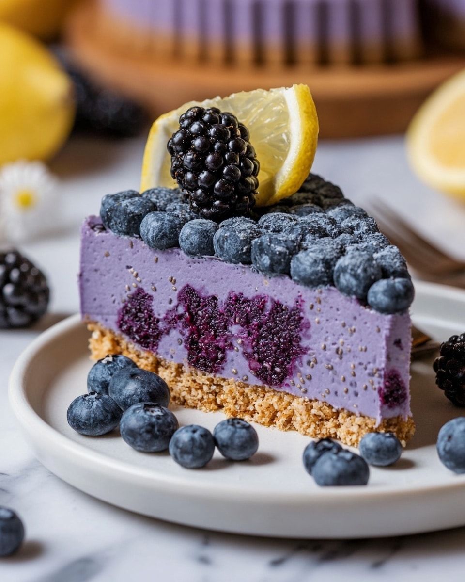 A slice of purple chia berry cheesecake sits on a white plate with a light brown crumbly crust as the base layer. The middle layer is thick, creamy, and purple with visible embedded blueberries giving it a textured look. The top layer is smooth, covered with chia seeds scattered evenly across the surface. On top, there is a whole blackberry, a blueberry, and a lemon slice leaning against the cheesecake. Around the plate, there are scattered blueberries and blackberries. The photo is taken on a white marbled surface with part of a wooden board and more berries softly blurred in the background. Photo taken with an iphone --ar 4:5 --v 7