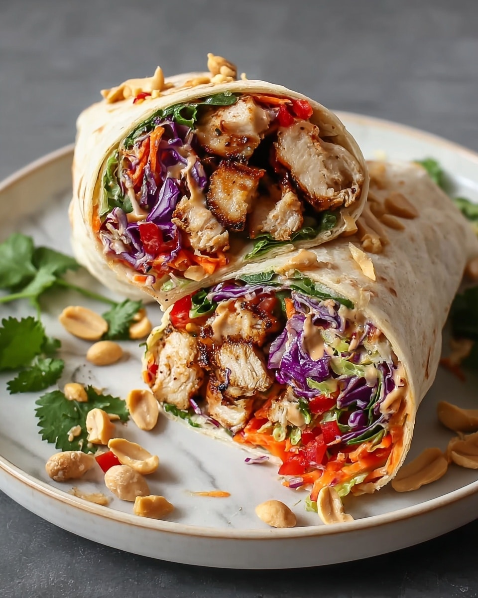 The image shows two halves of a wrap placed on a white plate with a white marbled surface beneath. Each wrap has several visible layers: the outer layer is a light beige soft tortilla, inside layers include grilled brown chicken pieces with a slightly charred texture in the center, surrounded by bright purple shredded cabbage, thin orange carrot strips, red bell pepper slices, and green leafy herbs. There is a light brown creamy sauce drizzled over the chicken and vegetables, and some chopped peanuts sprinkled around. The wraps are positioned close together with a few scattered peanuts and cilantro leaves on the plate. Photo taken with an iphone --ar 4:5 --v 7