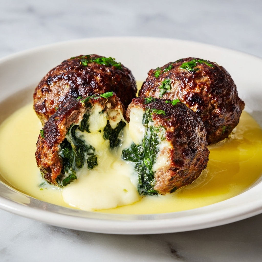 Four round, browned meat patties sit on a white plate with a shiny, smooth melted cheese sauce spread under and around them. One patty in the front is cut in half, revealing gooey, melted light yellow cheese mixed with dark green cooked spinach inside. The meat’s outer surface is crispy and unevenly darkened from cooking, while the cheese inside stretches softly. The background is a white marbled texture. photo taken with an iphone --ar 4:5 --v 7