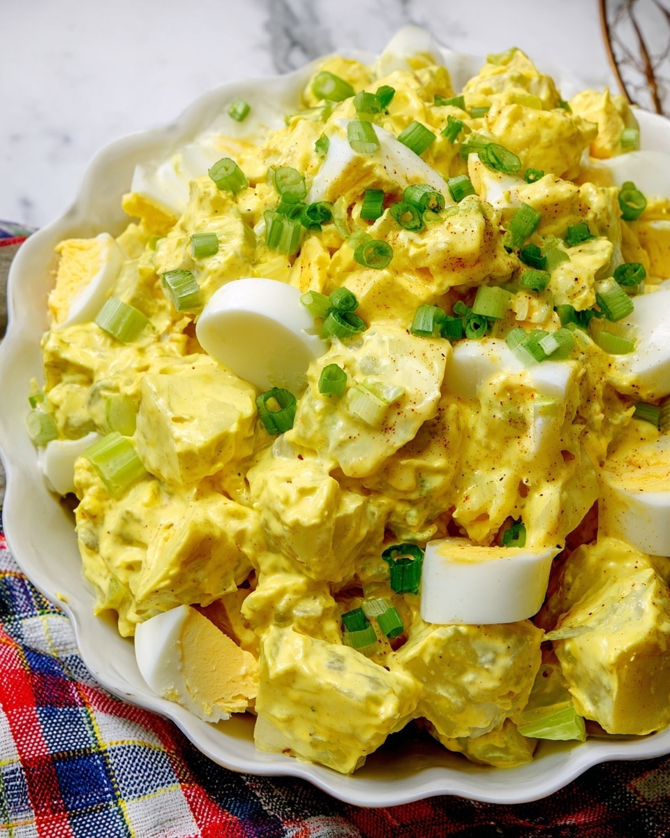 A close-up view of a creamy potato salad in a white, scalloped-edge bowl sitting on a white marbled surface with a plaid cloth underneath. The salad has several thick layers of light yellow potato chunks coated in a smooth, rich yellow dressing. Mixed in are pieces of hard-boiled egg with white and yellow parts visible, and small slices of pale green celery adding crunch. The top is sprinkled with bright green chopped scallions that contrast with the yellow dressing and pale ingredients. Photo taken with an iphone --ar 4:5 --v 7