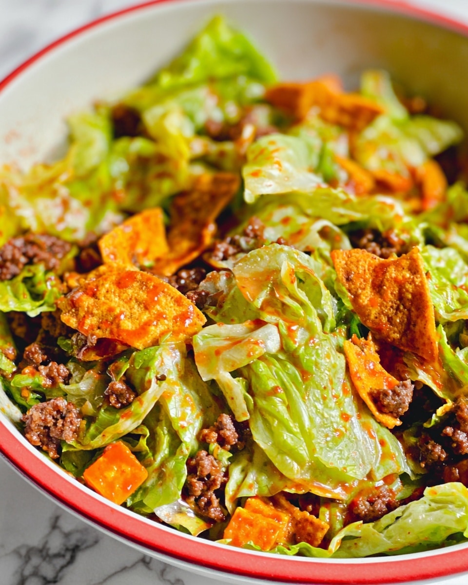 The image shows a white bowl filled with a layered dish starting with a base of green lettuce leaves, followed by scattered crispy, orange, seasoned tortilla chips mixed with dark brown cooked ground meat and small chunks of red tomato. On top of this is a generous dollop of bright green, smooth guacamole next to a thick, white, creamy layer of sour cream, both placed slightly to one side. The textures range from crisp lettuce and chips to soft guacamole and cream, creating a colorful and fresh look. The bowl rests on a white marbled surface. photo taken with an iphone --ar 4:5 --v 7