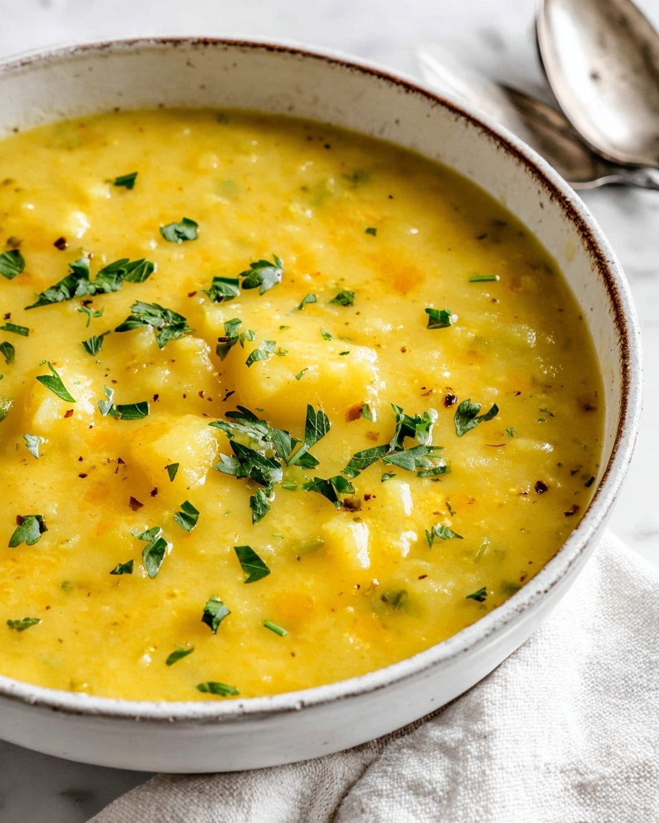 A close-up view of a bowl filled with thick, yellow soup that has a slightly chunky texture with small herbs and seasoning mixed in. Inside the soup, there are several pieces of soft white potatoes or vegetables scattered throughout. The dish is topped with small pieces of fresh green parsley scattered unevenly on the surface. The bowl is white with a slight speckled brown rim and rests on a white marbled surface next to two old silver spoons. A white cloth is partially visible under the bowl. photo taken with an iphone --ar 4:5 --v 7