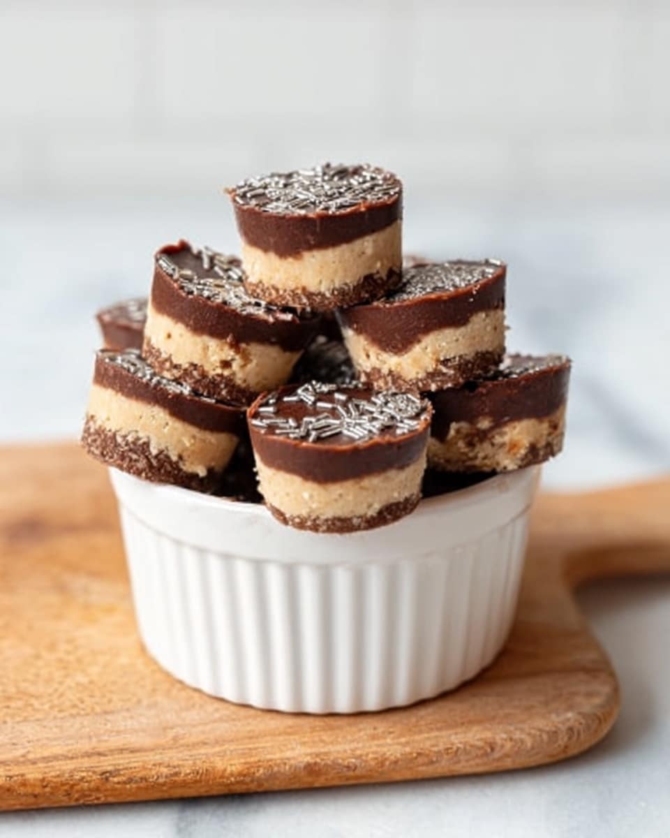 A tall stack of round, layered peanut butter cups sits inside a white ceramic bowl. Each peanut butter cup has three visible layers: a top dark brown chocolate layer with a rough texture, a middle light brown creamy peanut butter layer, and a bottom thick dark brown chocolate layer. The peanut butter cups are unevenly stacked, with some leaning or resting on each other. The bowl is placed on a wooden surface with scattered oats around it, and the background is a white marbled texture with a blurred white tiled pattern. photo taken with an iphone --ar 4:5 --v 7