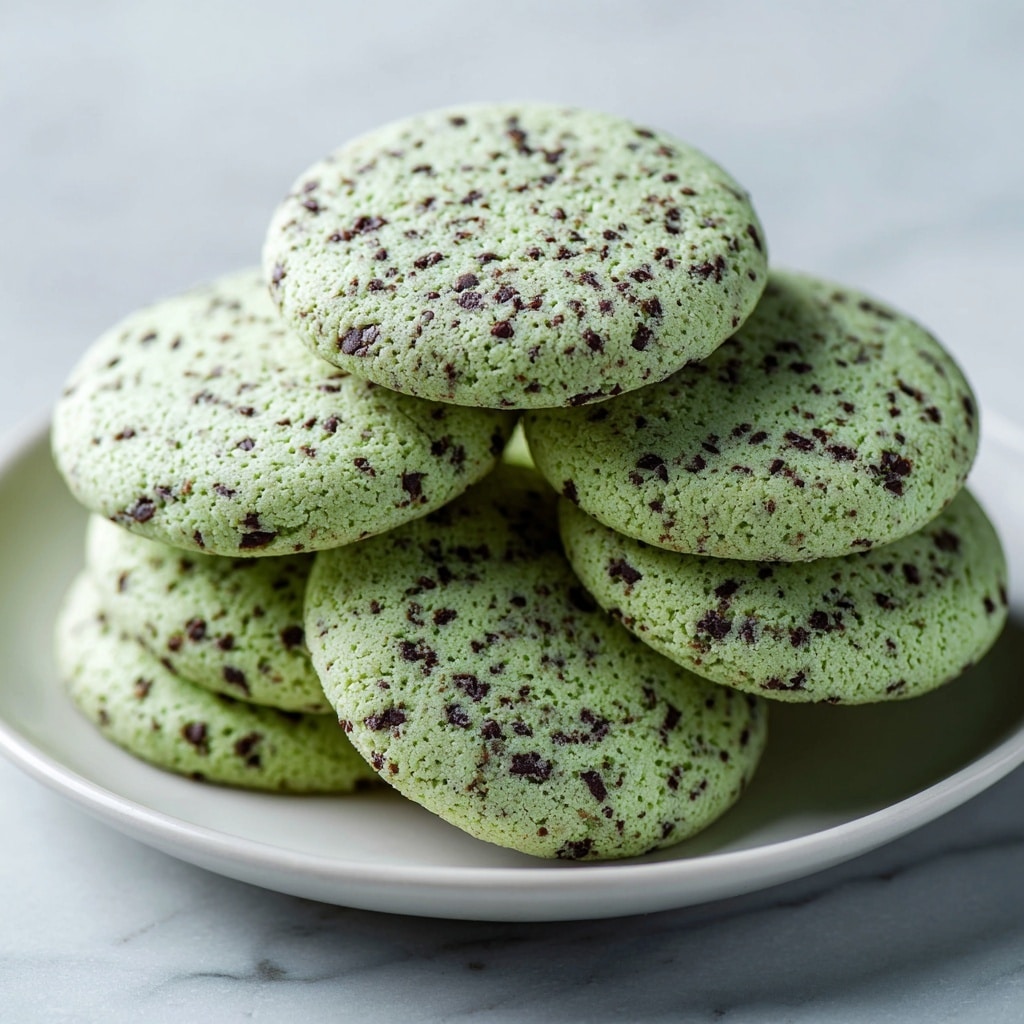 A stack of four mint green chocolate chip cookies is shown close up on a white marbled surface, with the top three cookies broken in half to reveal their soft, moist, and slightly crumbly inside filled with dark brown chocolate chips. The bottom cookie is whole, flat, and round, with a few scattered chocolate chips on the surface. The texture of the cookies is slightly rough with visible bits of chocolate throughout, and a couple of chocolate chips protrude from the edges. The background is blurred, highlighting the cookies' fresh, inviting look. Photo taken with an iphone --ar 4:5 --v 7