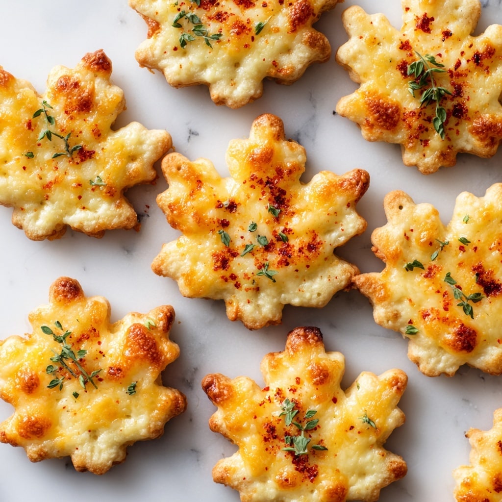 The image shows several cheese crackers shaped like maple leaves, arranged on a white marbled surface. Each cracker has one layer with a golden-yellow melted cheese topping that is slightly browned in spots, creating a crispy texture. Some crackers have small green herb flakes embedded in the cheese, while one cracker has reddish paprika sprinkled on top, adding a pop of color. The crackers have light golden edges showing a soft dough base under the cheese layer, and each leaf shape is clear with defined veins and points. photo taken with an iphone --ar 4:5 --v 7