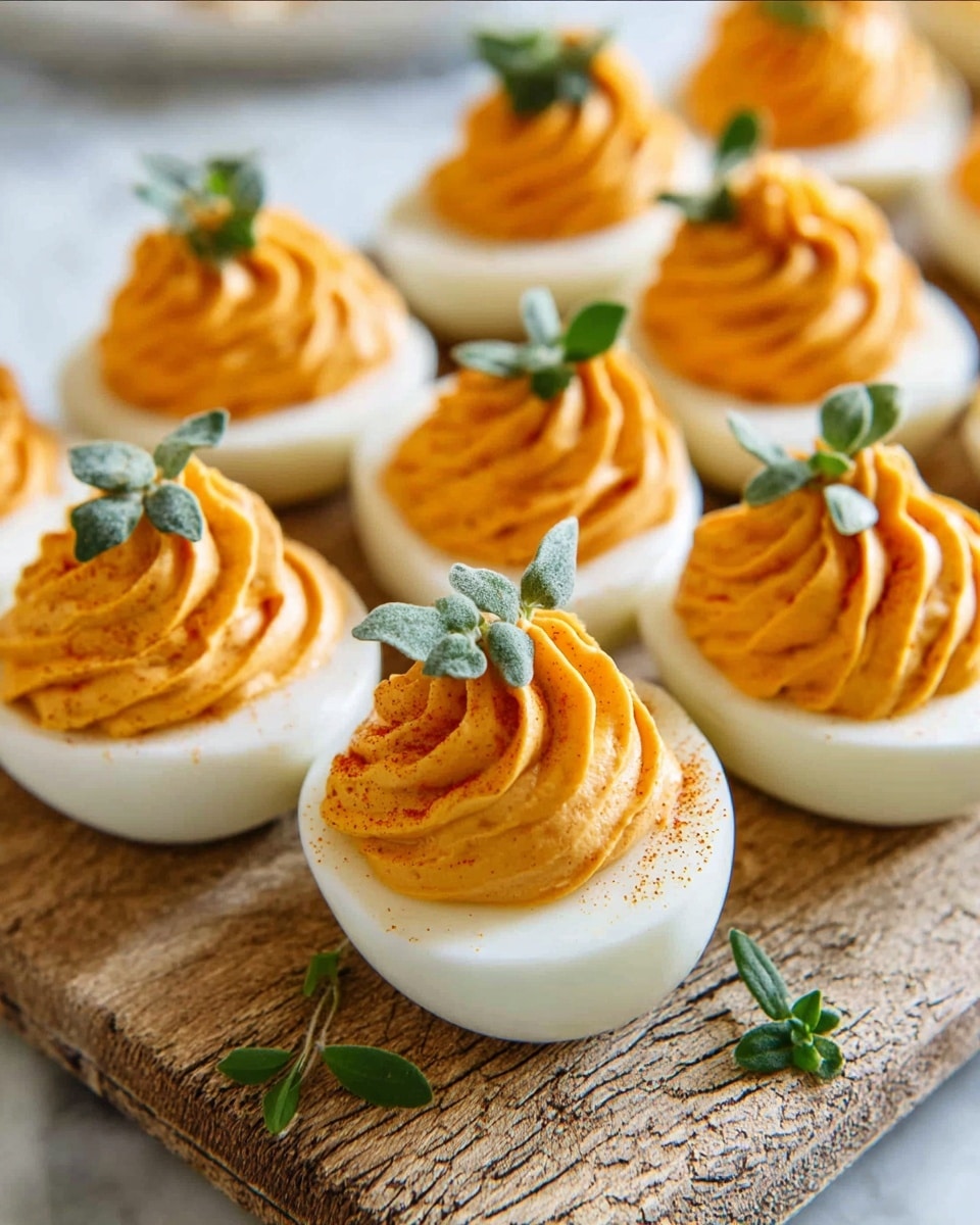 The image shows a wooden round tray with a rough bark edge placed on a white marbled surface, holding several halves of hard-boiled eggs. Each egg half has a smooth white outer layer and is filled with a swirled orange creamy mixture, topped with small green herb leaves for garnish. The eggs are arranged closely together, and in the background there are blurred glass bottles and jars. The lighting is natural and bright. Photo taken with an iphone --ar 4:5 --v 7