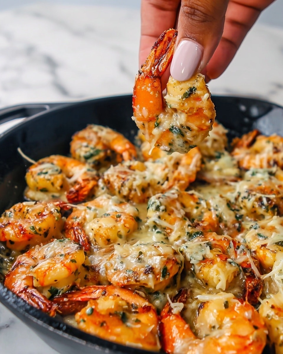 A close-up image shows a black skillet filled with cooked shrimp covered with a creamy, white and green sauce mixed with herbs and melted cheese. Each shrimp has a bright orange color with slightly charred tips, and the sauce layer has a glossy texture with visible shredded cheese and green herbs. In the foreground, a woman's hand is holding one shrimp, showing the shrimp’s curved orange tail with the creamy sauce dripping slightly. The background shows a white marbled texture surface. photo taken with an iphone --ar 4:5 --v 7