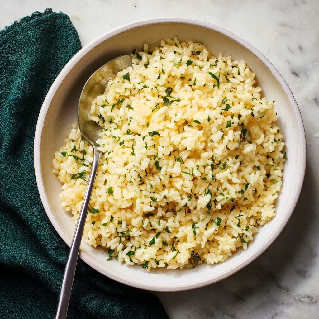 A close-up view of a grey pan filled with cooked yellowish rice mixed with finely chopped green herbs, giving it a speckled green and yellow texture. A wooden spoon with a brown handle scoops the rice, showing the soft, fluffy grains. The pan rests on a green textured cloth on a white marbled texture surface. photo taken with an iphone --ar 4:5 --v 7