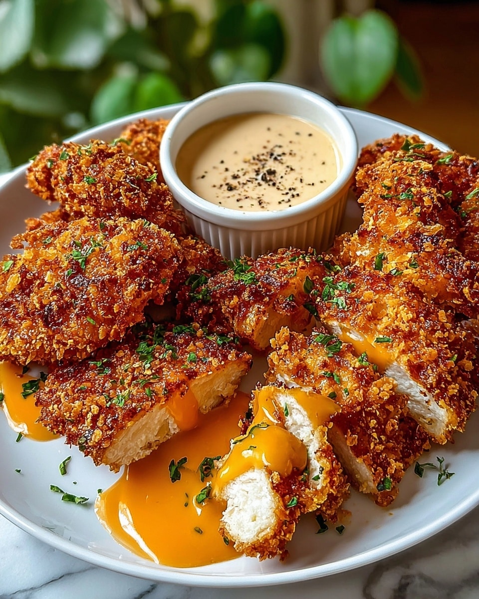 A white round plate filled with multiple pieces of crispy, golden-brown breaded chicken tenders, some topped with a glossy orange sauce. One piece is cut in half, revealing the juicy, white meat inside. The chicken tenders are garnished with small green herb pieces scattered over them. On the top left of the plate, there is a white small round cup filled with creamy, light beige dipping sauce sprinkled with black pepper on top. The plate is placed on a white marbled surface, and some green plants are blurred in the background. photo taken with an iphone --ar 4:5 --v 7