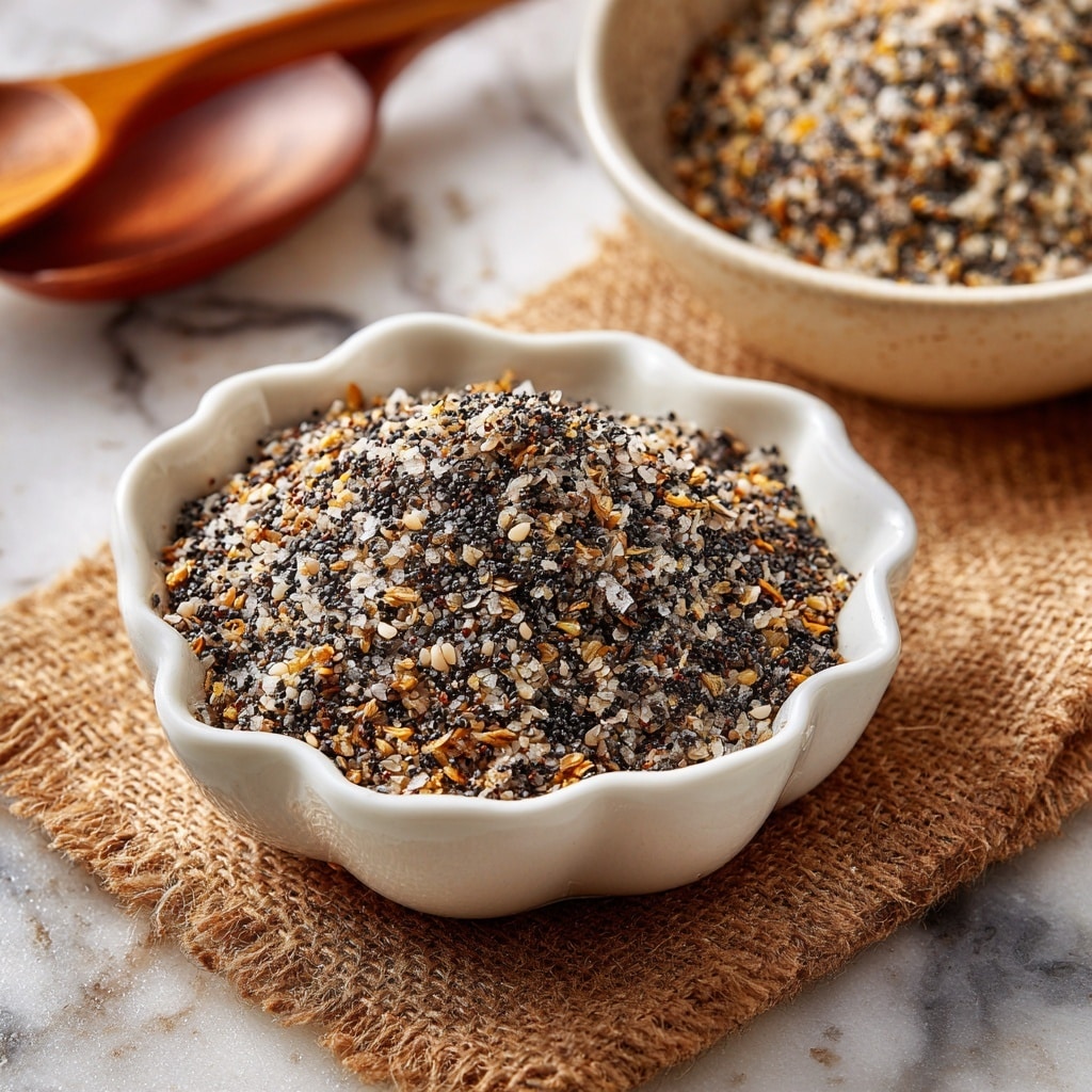 A white scalloped bowl is filled with a mix of seeds and small bits of dried garlic and onion, showing layers of black and white sesame seeds, dried minced garlic (light golden), poppy seeds (black), and small bits of dried onion (off-white). The bowl sits on a piece of coarse brown burlap fabric, which lies over a white marbled surface. In the background, a second similar white bowl is filled with the same mixture and wooden utensils are slightly out of focus. The seasoning looks textured and colorful, with a mix of speckled white, black, and golden hues, capturing a rustic and homemade feel. Photo taken with an iphone --ar 4:5 --v 7