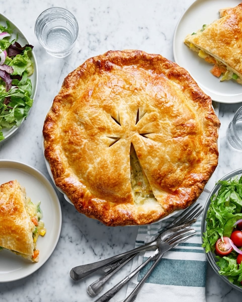 A golden brown pie with a flaky crust sits in the center of a white plate on a white marbled surface. The pie crust has six small slits in a star pattern on top, showing a glimpse of a light green and orange filling inside. Around the pie are two white plates, each with a slice of the pie showing the layers inside: a flaky crust on top and bottom, with creamy white filling mixed with green and orange vegetable pieces in the middle. To the right side, there is a clear bowl filled with fresh green salad, including mixed leaves, cherry tomatoes, and sliced red onions. A glass of water and a striped cloth with two forks are placed near the dish. photo taken with an iphone --ar 4:5 --v 7