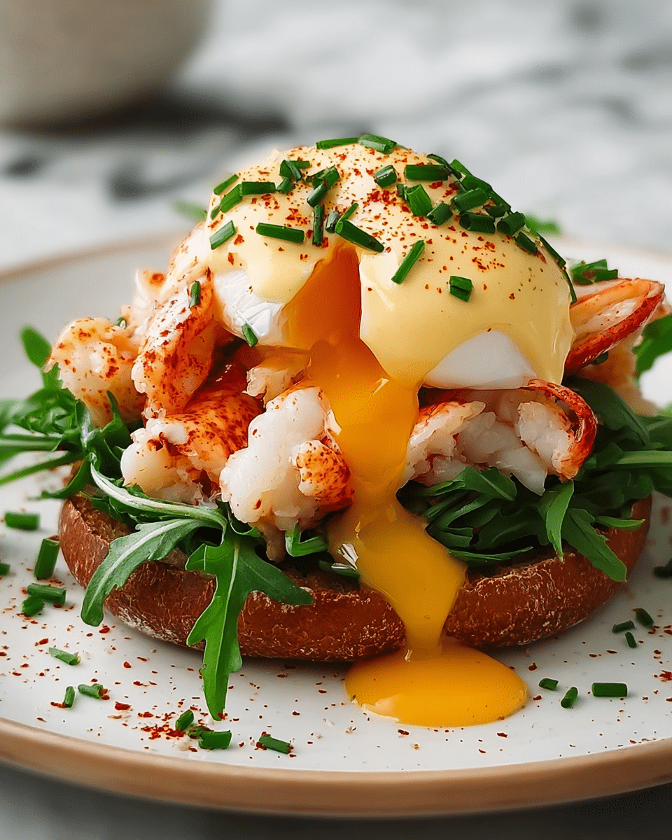 A white plate holds an open-faced sandwich with multiple layers: the bottom layer is a toasted brown English muffin, topped with fresh, dark green arugula leaves that spread a bit beyond the muffin’s edge. Above the greens, there are slices of lobster meat with a pale pink color and a lightly grilled texture. On top of the lobster rests two perfectly poached eggs with white smooth surfaces, one of which is cut open showing bright yellow, runny yolk dripping down. Rich yellow hollandaise sauce covers part of the lobster and muffin, pooling slightly on the plate. The dish is finished with a light sprinkling of red paprika, black pepper, and chopped green chives. The background and surface have a white marbled texture. Photo taken with an iphone --ar 4:5 --v 7