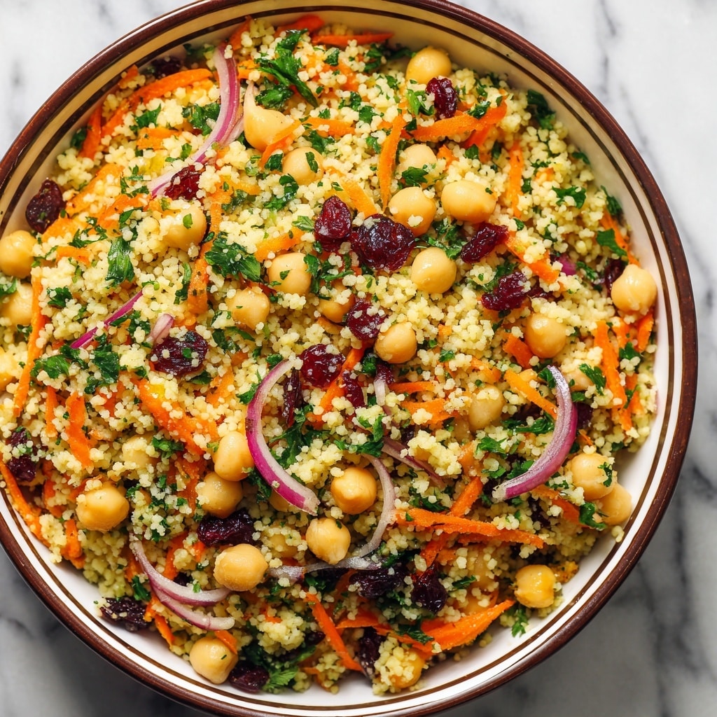 A close-up top view of a wooden bowl filled with a colorful couscous salad, showing a mix of small pale yellow couscous grains as the main base layer, topped with bright orange carrot sticks and light brown chickpeas scattered evenly. There are thin slices of purple onion and dark red raisins mixed in, adding contrast. Fresh green parsley leaves are spread on top, giving a fresh and vibrant look. The bowl is placed on a white marbled surface. photo taken with an iphone --ar 4:5 --v 7