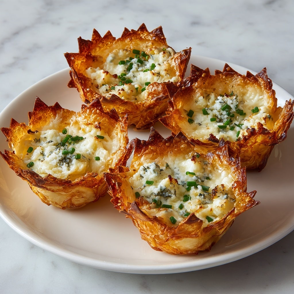 The image shows four crispy golden-brown cups made from thin pastry layers, each with a star-shaped, crunchy edge. Inside each cup is a creamy mixture topped with melted white cheese and small green chive pieces scattered across. The cups are arranged on a white plate resting on a white marbled surface, highlighting the warm colors and texture contrasts of the crispy pastry and creamy filling. The photo taken with an iphone --ar 4:5 --v 7