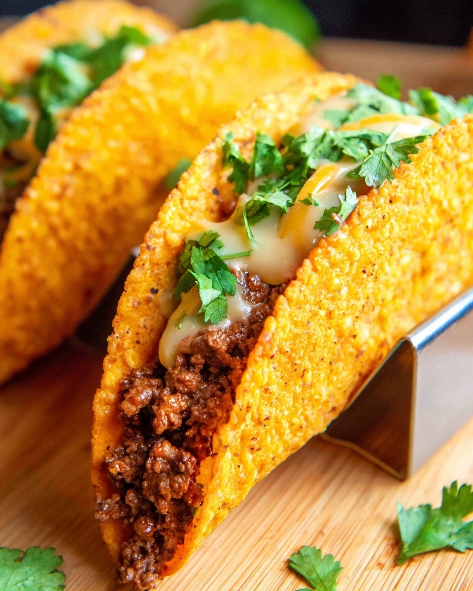 A close-up of an orange, crispy taco shell held upright in a silver taco stand on a wooden surface, filled with dark brown cooked ground meat at the bottom, topped with creamy yellow cheese sauce that looks smooth and slightly thick, and garnished with bright green cilantro leaves scattered on top. Some lettuce bits are peeking from beneath the meat, adding a touch of pale green. The background is softly blurred with more tacos and green leafy elements in soft focus, all on a white marbled texture. photo taken with an iphone --ar 4:5 --v 7