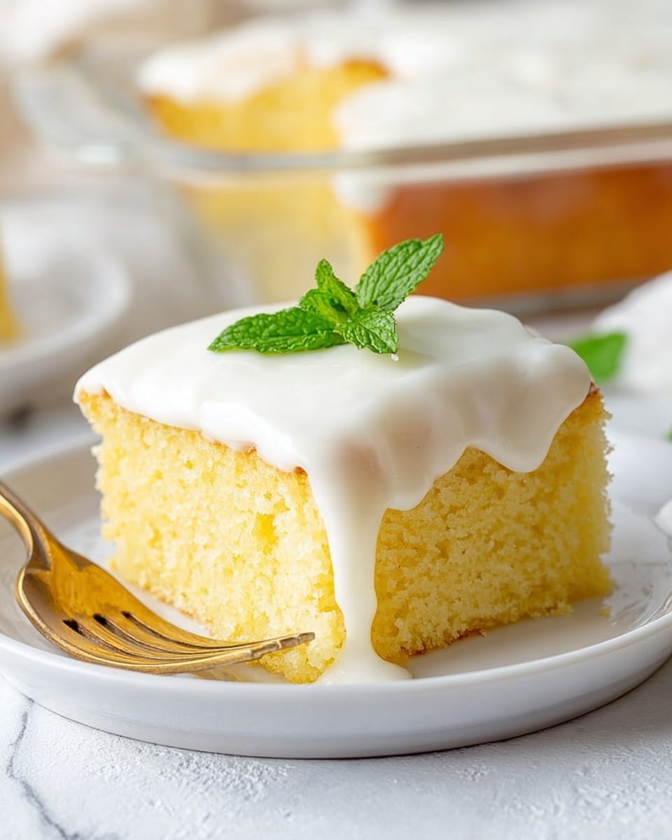 A single square piece of yellow sponge cake sits on a white plate with a white marbled texture underneath. The cake has two layers: a soft, moist yellow cake base with a slightly crumbly texture, and a thick, smooth white frosting layer on top that drips gently over the edges. A small green mint leaf rests neatly on the frosting's center. To the left side of the plate, a metallic fork with a gold handle lays flat, and in the blurred background, more cake is visible in a clear glass dish. The setup is bright and clean with soft natural light. Photo taken with an iphone --ar 4:5 --v 7