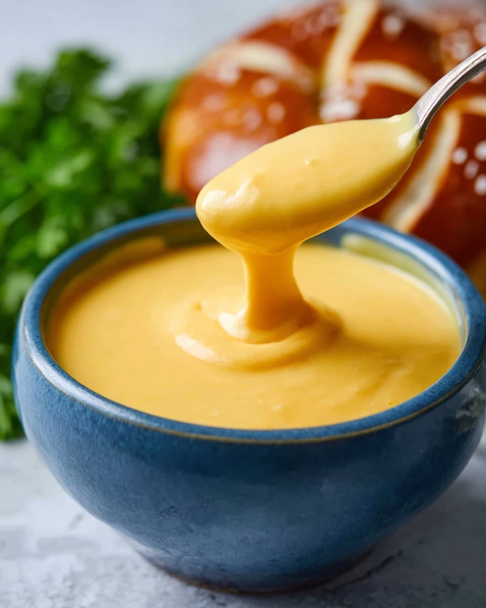 A light blue bowl filled with smooth, creamy, bright yellow cheese sauce that has a slight swirl texture on top. Around the bowl, there are fresh green broccoli florets and soft pretzel pieces with a golden brown crust and coarse salt on top, all resting on a white marbled surface. A black and white striped cloth is partially visible on the lower left side. The scene is brightly lit, showing the rich texture and colors clearly. photo taken with an iphone --ar 4:5 --v 7