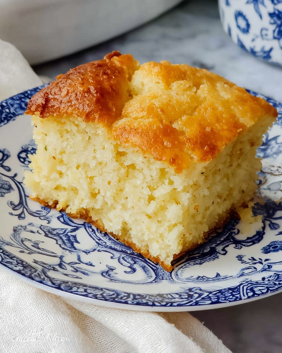 A square piece of soft, fluffy cornbread with a golden brown top layer that looks slightly cracked and crispy. The inside is a light yellow color and crumbly in texture. The bread sits on a white plate with blue floral and paisley patterns, placed on a white marbled surface. The edge of a white cloth is visible near the plate. photo taken with an iphone --ar 4:5 --v 7