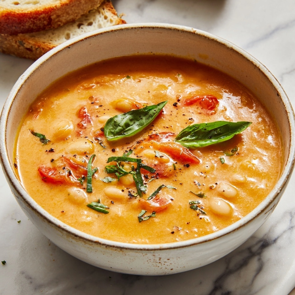 A close-up view of a bowl of thick, creamy orange soup filled with soft white beans and chunks of roasted red tomatoes. The soup has a smooth texture with visible herbs and black pepper sprinkled on top. Two bright green basil leaves and a small bunch of chopped green herbs float on the surface. The bowl is white with a slightly worn, rustic rim. In the background, slices of white bread and scattered green herbs sit on a white marbled surface. Photo taken with an iphone --ar 4:5 --v 7