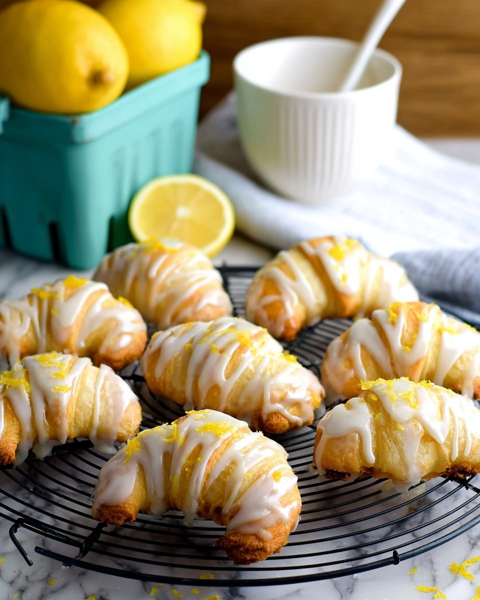 The image shows seven crescent-shaped pastries arranged on a black cooling rack. Each pastry has a golden-brown, flaky texture with visible layers, and they are generously drizzled with white icing in thin, uneven stripes. Small bits of bright yellow zest are scattered on top of the icing, adding a pop of color and texture. The pastries are set on a surface with a white marbled texture, creating a clean and light background. Photo taken with an iphone --ar 4:5 --v 7