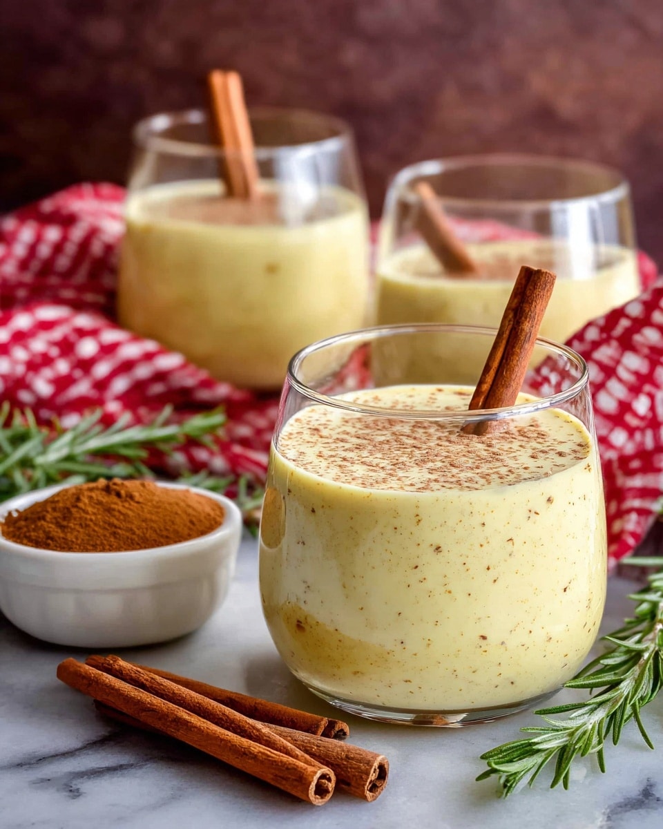 The image shows three clear round glasses filled with a creamy pale yellow drink sprinkled with small brown specks. Each glass has a small cinnamon stick placed inside, standing upright. In the foreground, two cinnamon sticks lie on the left side of the white marbled surface. Behind the drinks, there is a white bowl filled with brown powder, next to a green sprig of rosemary lying on a red and white checkered cloth. The background is blurred with a warm, brownish tone. Photo taken with an iphone --ar 4:5 --v 7