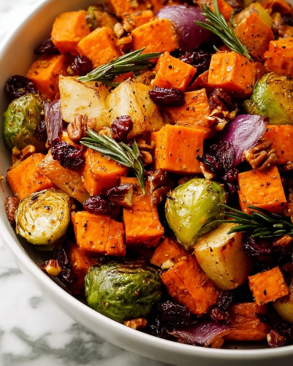 A white square bowl filled with a colorful mix of roasted vegetables sits on a white marbled surface. The first layer shows small Brussels sprouts with a roasted golden-brown outer layer and halved Brussels, accompanied by chunks of roasted carrots in bright orange and roasted potatoes in a golden yellow with a slightly crispy texture. Interspersed are pieces of deep red dried cranberries adding a rich color contrast. The top layer includes charred red onion wedges with purple and white tones and a sprig of fresh green rosemary placed diagonally on top, all giving a warm and hearty look. Photo taken with an iphone --ar 4:5 --v 7