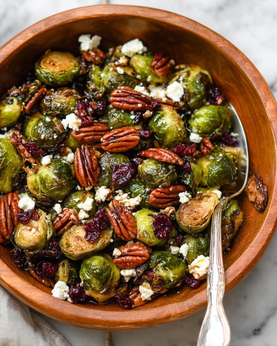 A wooden bowl filled with roasted Brussels sprouts, some halved showing a golden brown inside and others whole with a blistered green outer layer, scattered with bright red dried cranberries and whole pecan nuts that are brown and smooth. Small, crumbly white cheese pieces are sprinkled on top, adding a contrasting texture. A vintage silver spoon rests inside the bowl. Around the bowl, a wooden bowl with pecans sits in the background, all set on a white marbled surface. Photo taken with an iphone --ar 4:5 --v 7