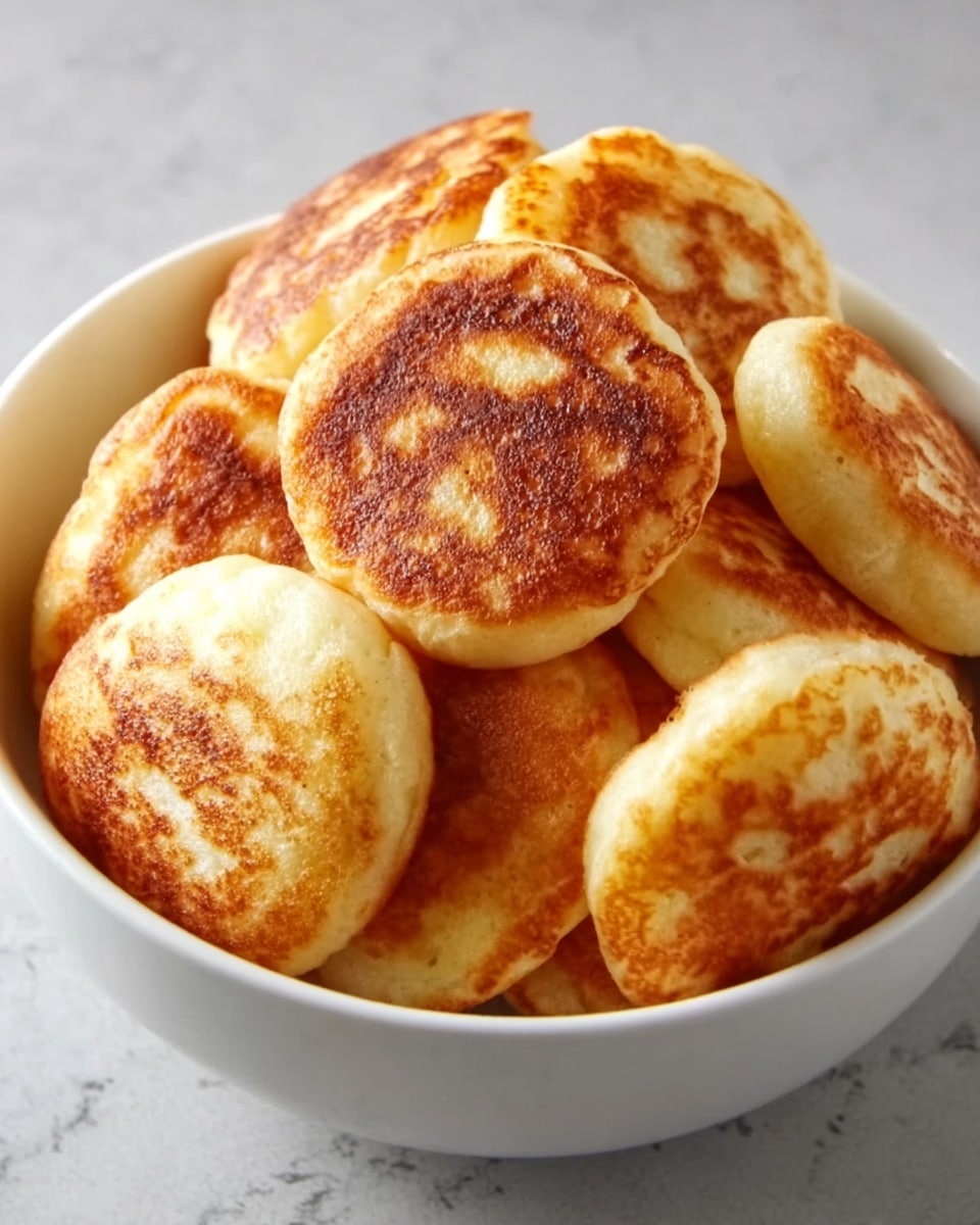A white bowl full of small, round, golden-brown pancakes stacked in several layers. Each pancake has a slightly crispy, darker brown top surface with light spots and a soft, fluffy pale yellow side, showing their thick texture. The bowl rests on a white marbled textured cloth, adding a cozy feel to the image. photo taken with an iphone --ar 4:5 --v 7