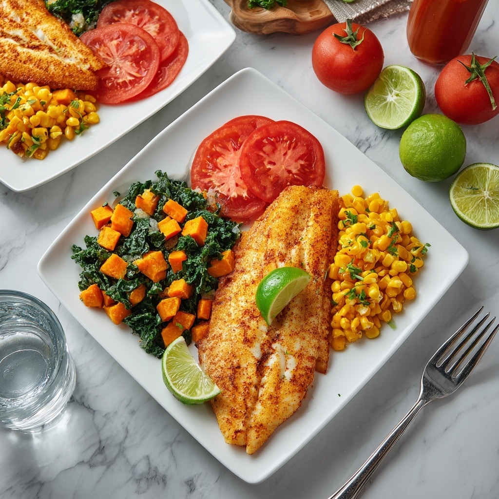 The image shows a white square plate with a golden-brown cooked fish fillet placed on the right side. Below the fillet, there are three sections of side dishes: a bright yellow corn salad on the bottom right, a mix of chopped orange sweet potatoes and dark green leafy vegetables on the bottom left, and two red tomato wedges next to the vegetables. On top of the fillet is a green lime wedge. To the right of the plate is a silver fork. The plate is on a white marbled surface with a clear glass of water on the left side. In the background, there is another similar plate with fish and tomato slices, more lime wedges, a whole tomato, and a bottle of red sauce. Photo taken with an iphone --ar 4:5 --v 7