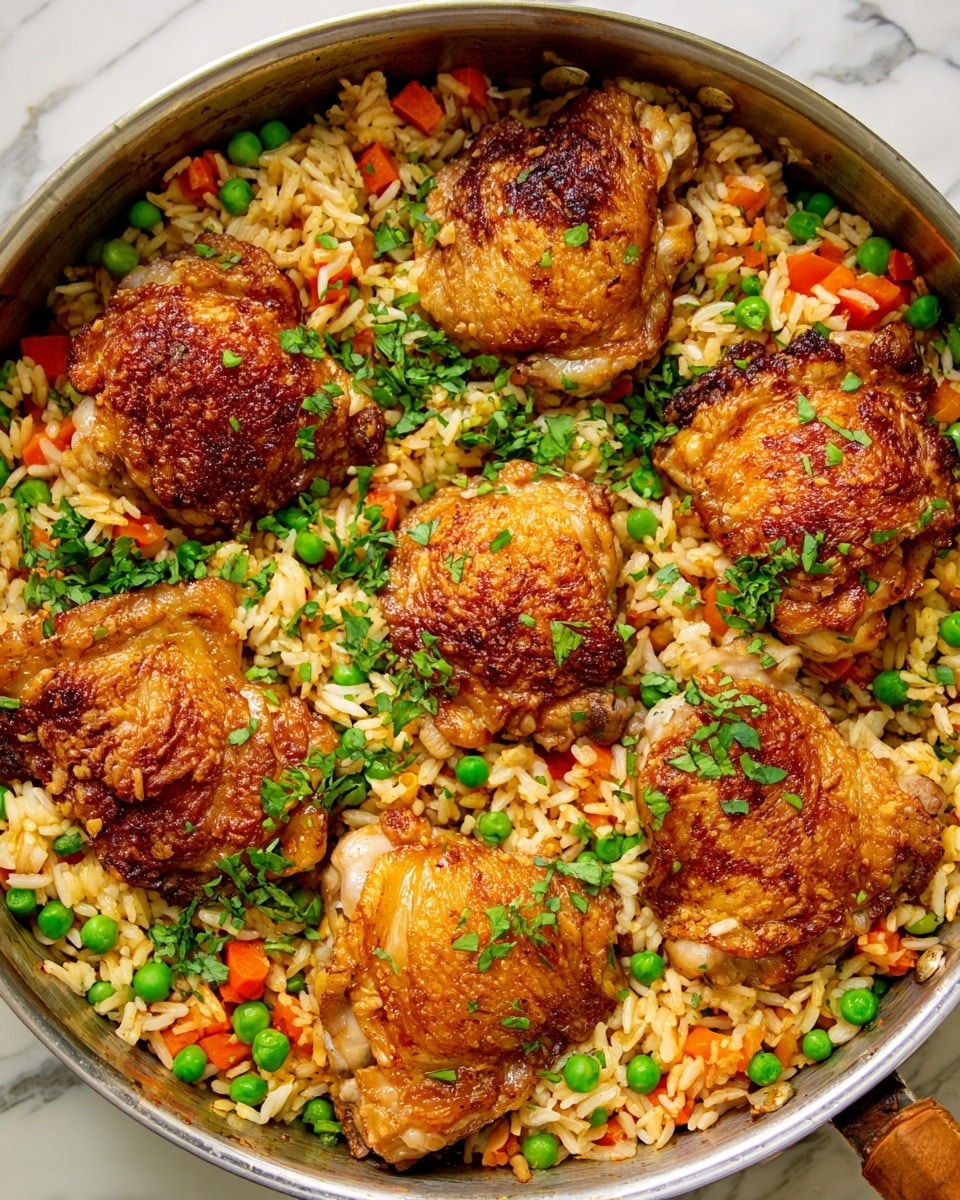 The image shows a large metal pan filled with cooked chicken pieces and rice mixed with green peas and small orange carrot cubes. There are six browned chicken pieces evenly spread on top of the rice, which looks fluffy and slightly oily. The rice is light brown, and the vegetables add bright spots of green and orange throughout. The dish is garnished with small green herb leaves sprinkled over everything. The pan is placed on a white marbled surface. Photo taken with an iphone --ar 4:5 --v 7