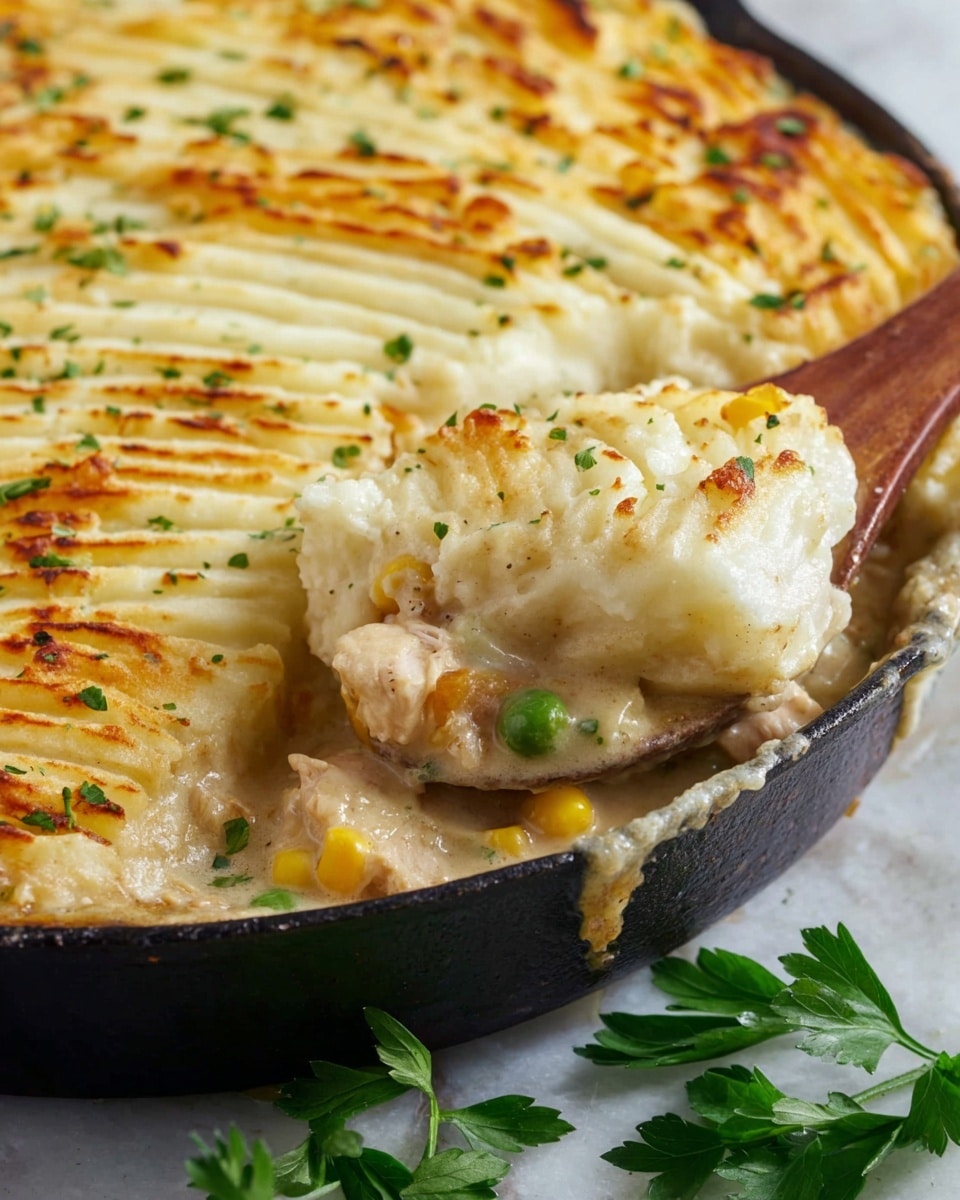 The image shows a white shallow bowl filled with a two-layer dish. The bottom layer is a creamy mixture with visible pieces of cooked chicken, bright yellow corn, orange carrot chunks, green peas, and celery, all mixed in a thick sauce. The top layer consists of mashed potatoes, smooth and creamy with visible ridges from a fork, toasted to a light golden brown in some spots, and sprinkled with small green parsley bits. A fork rests inside the bowl, partly under the mashed potato layer, with some vegetables on its prongs. The bowl sits on a white marbled surface, and a blurred green and red can is visible in the background. photo taken with an iphone --ar 4:5 --v 7