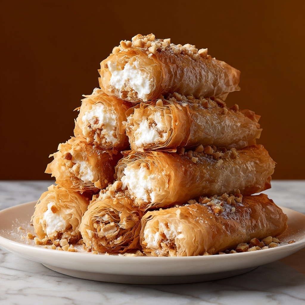 A stack of six rolled pastries is arranged neatly on a white plate, each roll made of multiple thin, golden-brown layers of crisp filo dough. Inside each roll is a soft, white creamy filling topped with small chopped nuts, which also sprinkle the top layers and the plate around the rolls. A light dusting of powdered sugar covers the pastries and the plate, adding a gentle white contrast to the warm tones of the filo. The plate sits on a surface with a white marbled texture, and the background is softly blurred in warm brown shades. photo taken with an iphone --ar 4:5 --v 7