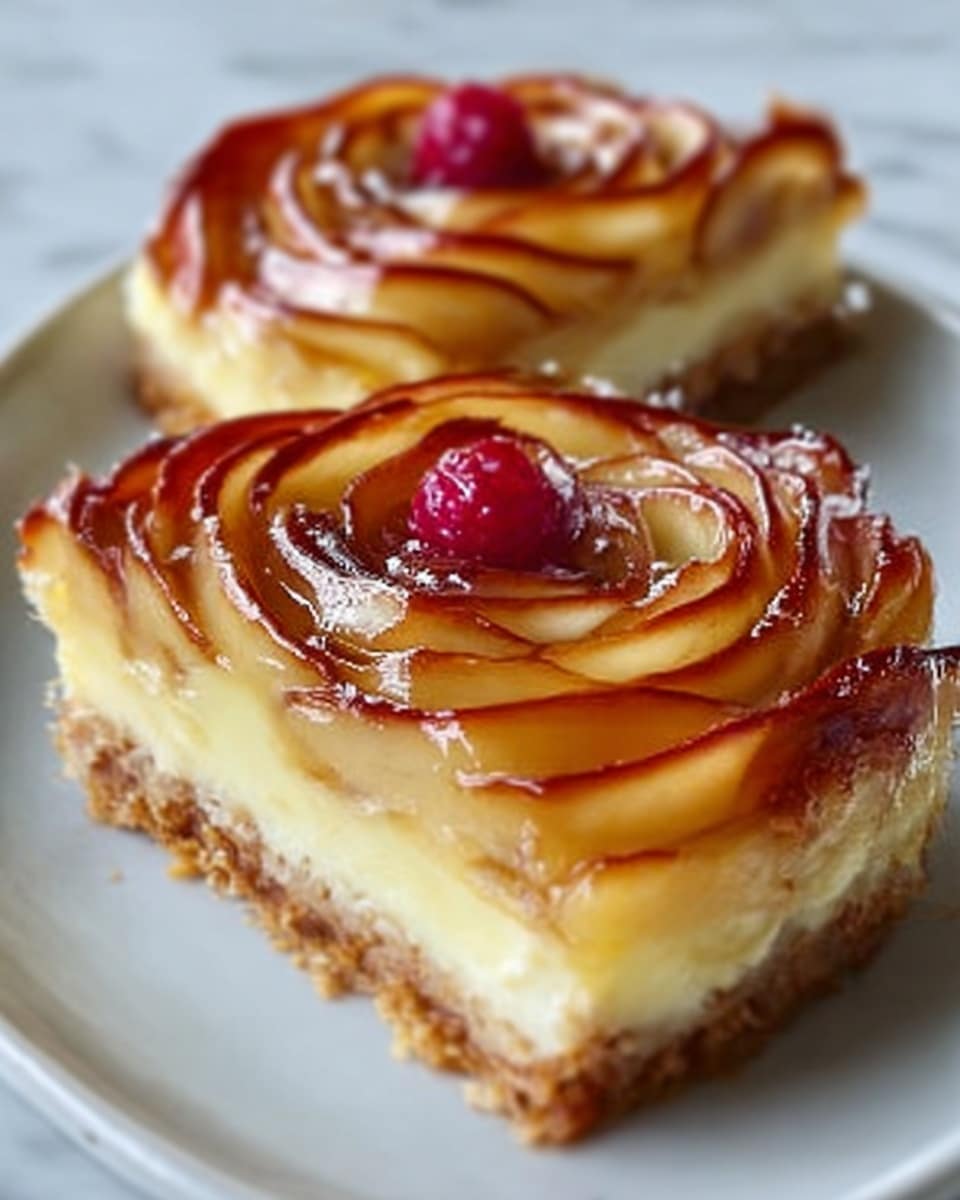 The image shows two slices of a rose-shaped dessert on a white plate, placed on a white marbled surface. Each slice has three visible layers: a light brown crust at the bottom with a slightly crumbly texture, a thick creamy yellow middle layer, and thin, glossy, rose petal-like slices of apple arranged in a spiral pattern on top with a shiny caramel glaze. In the center of each rose is a small red raspberry. The dessert looks moist and shiny, with the light reflecting off the caramel glaze. Photo taken with an iphone --ar 4:5 --v 7