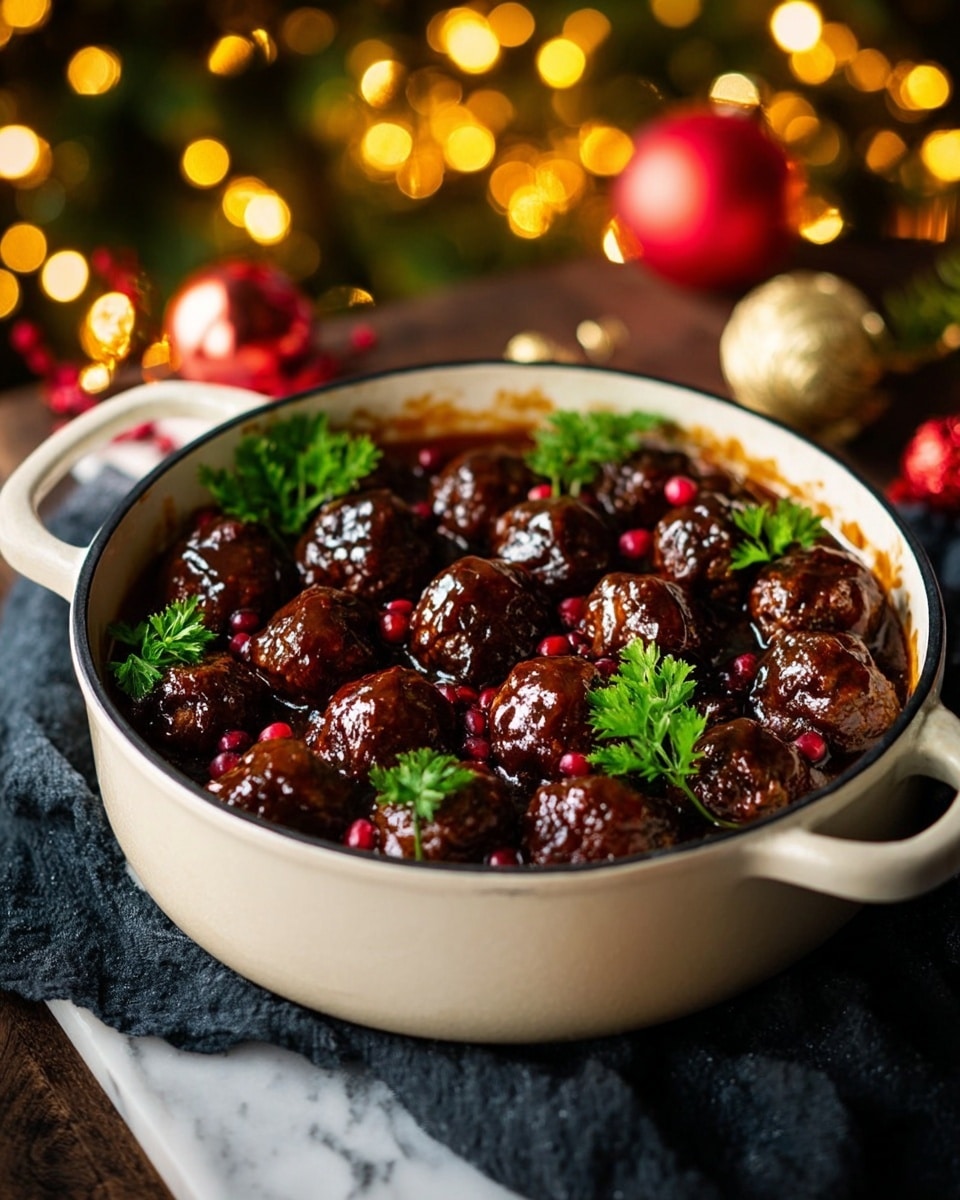A white pot filled with two layers of glossy, dark brown meatballs coated in a thick sauce. The meatballs are evenly placed in the pot, with bright red berries scattered throughout and fresh green parsley leaves on top, adding a pop of color. The pot sits on a dark cloth on a white marbled surface. In the background, blurred warm yellow lights and red and gold Christmas decorations create a festive mood. Photo taken with an iphone --ar 4:5 --v 7